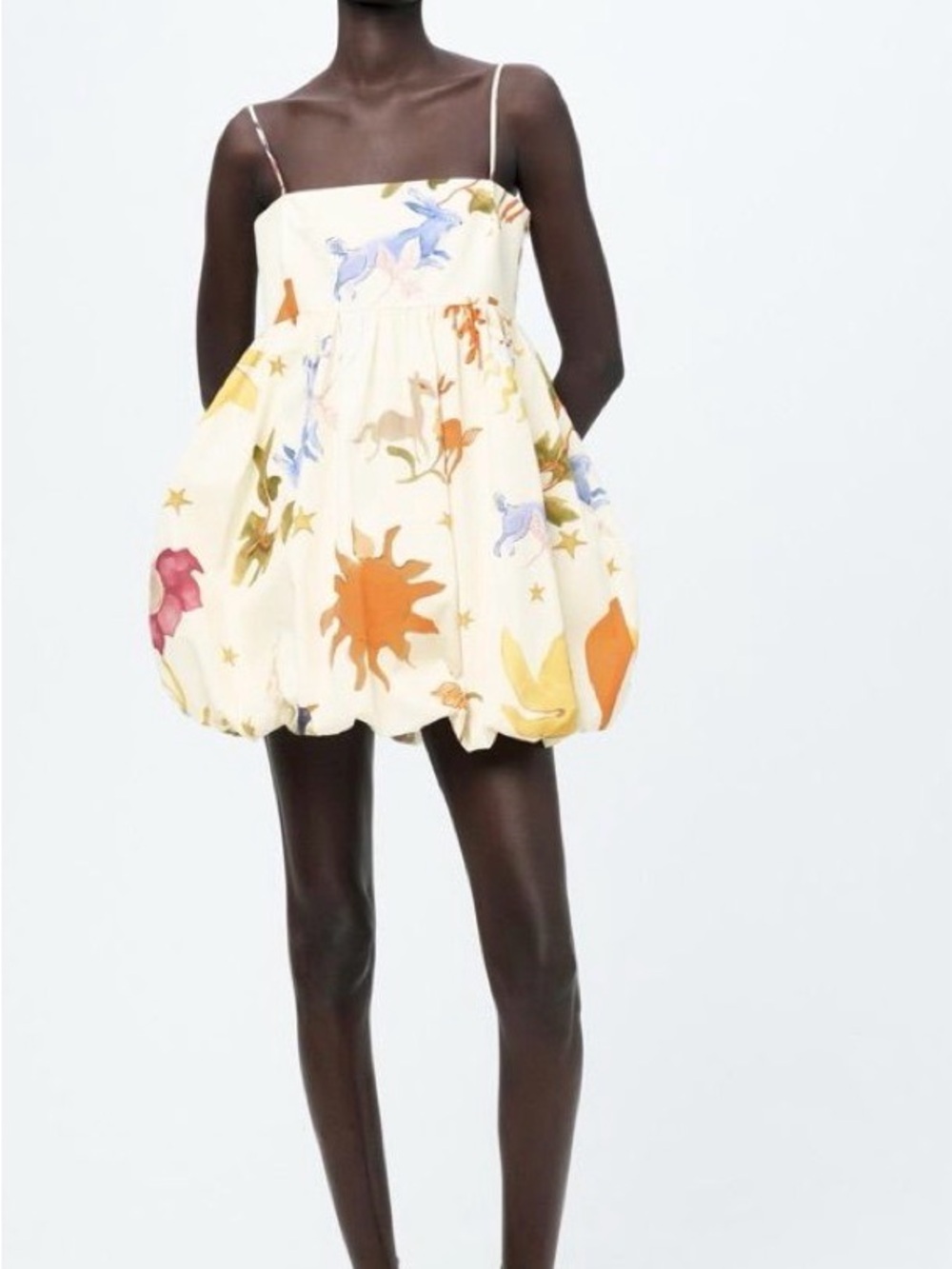 Zara Cream Floral Mini Dress with Multi-Color Botanical Print
